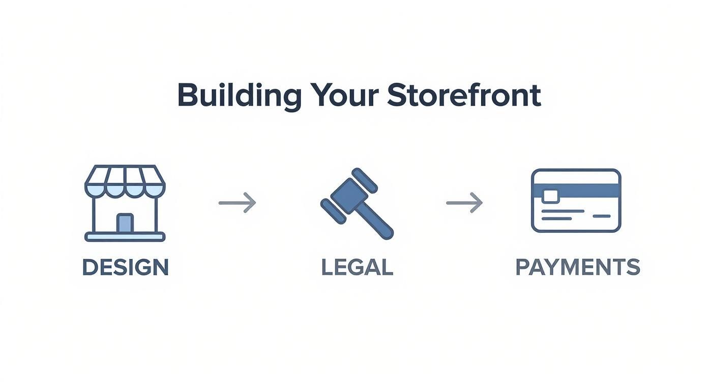 Three step infographic for starting an ecommerce business: storefront setup, legal structure, and payment integration