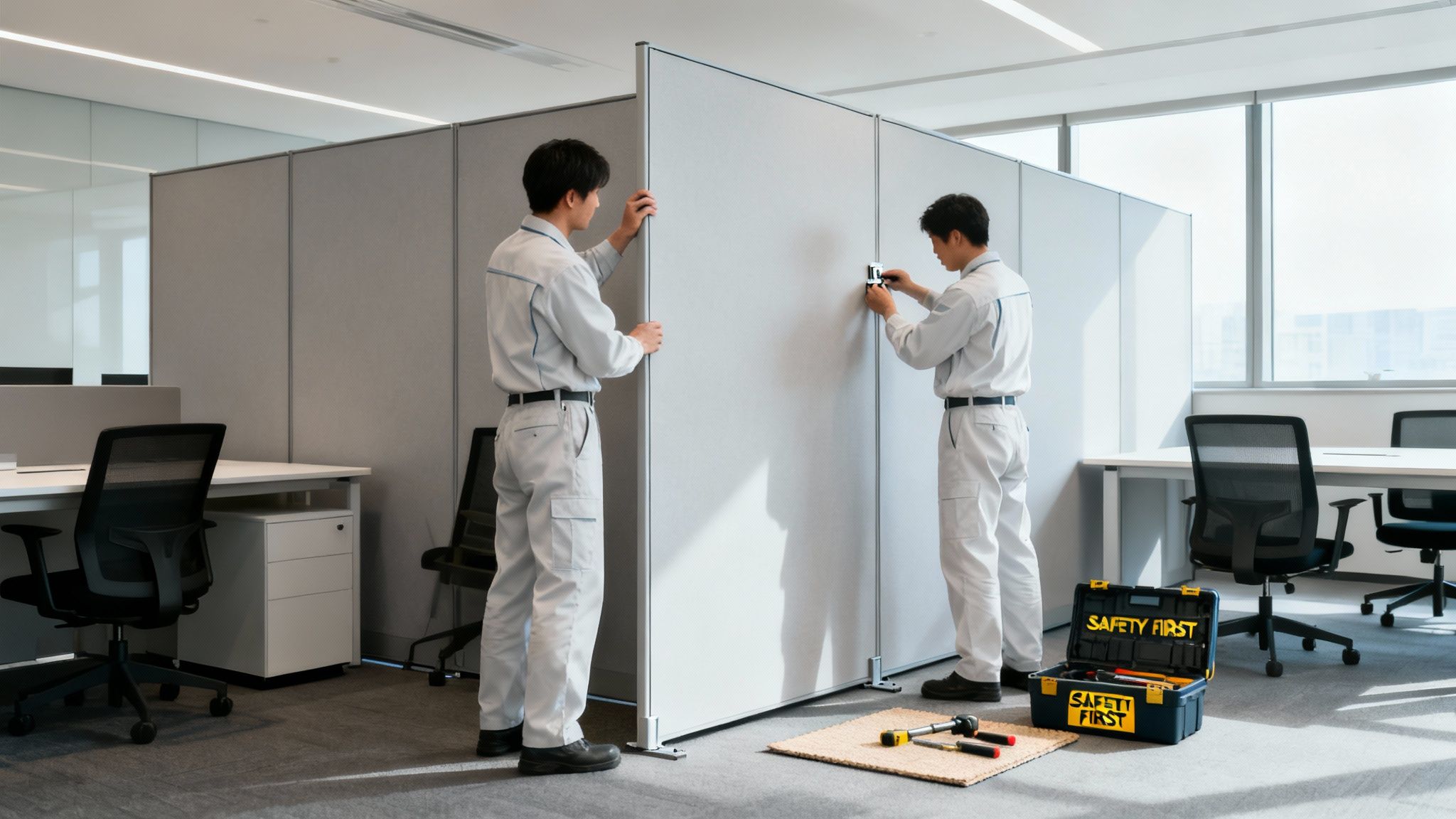 Two men in white uniforms assembling gray office partitions in a bright, modern office.