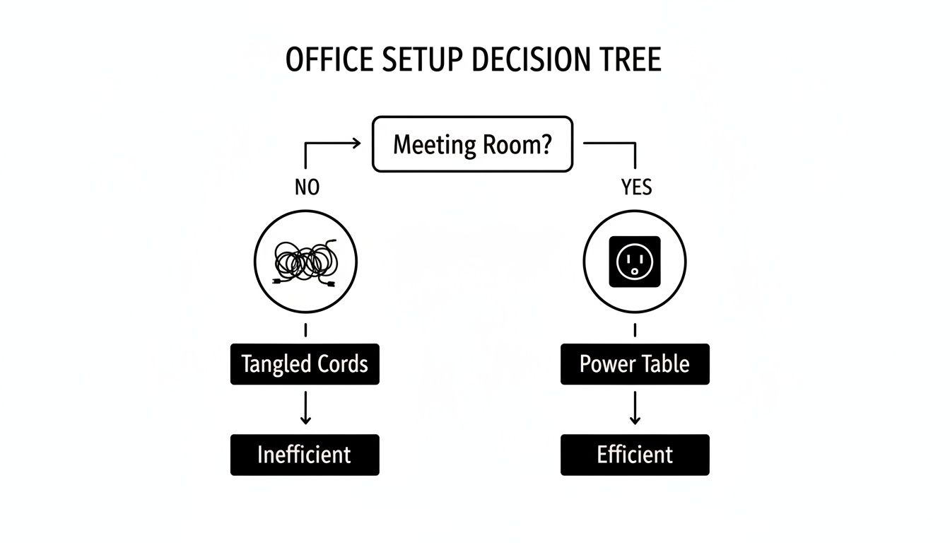 Decision tree illustrating office setup efficiency: meeting room with a conference table with electrical outlets is efficient, while a room without one is inefficient, leading to wasted time.