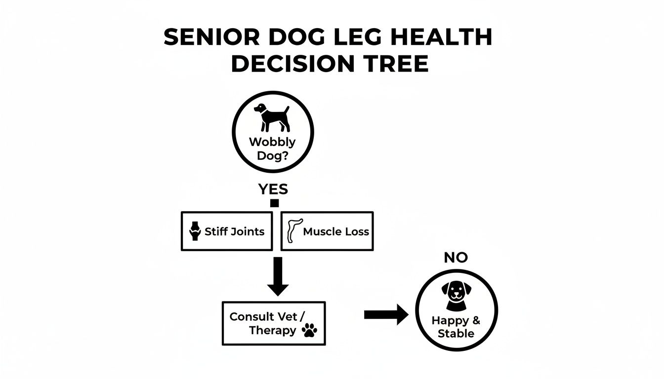 A decision tree flowchart for senior dog leg health, guiding owners on assessing wobbliness and seeking vet consultation.