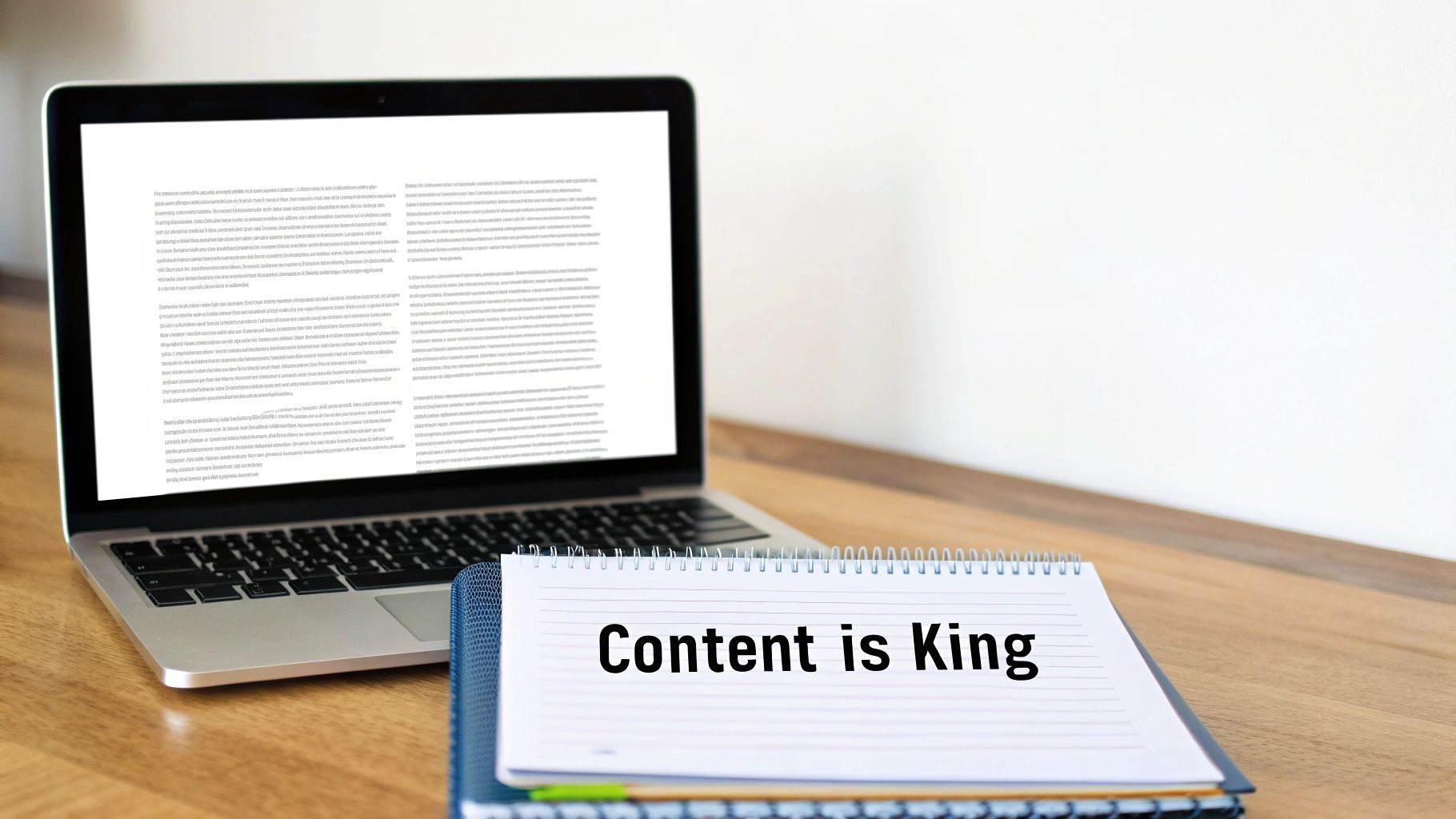 A laptop displaying content, a critical element of web design, next to a notebook with 'Content is King' written on it.