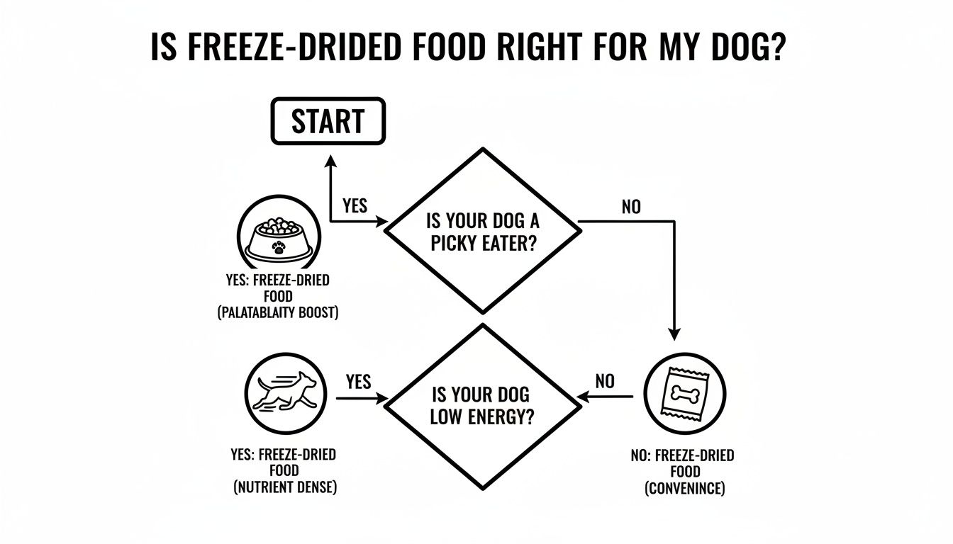 Flowchart explaining if freeze-dried food is right for your dog, based on pickiness and energy levels.
