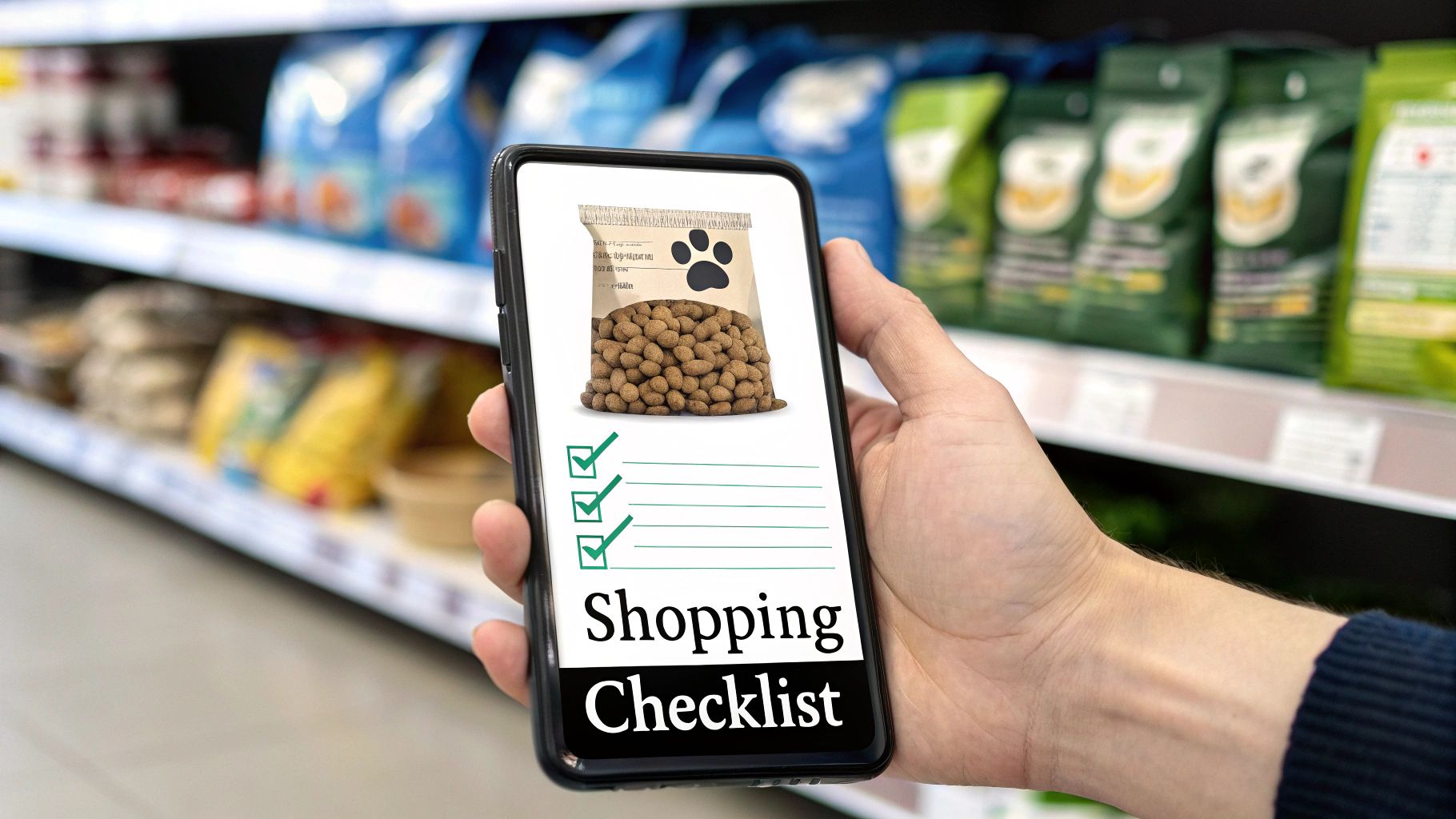 Checklist of dog food shopping items next to bowl with kibble and ChowPow