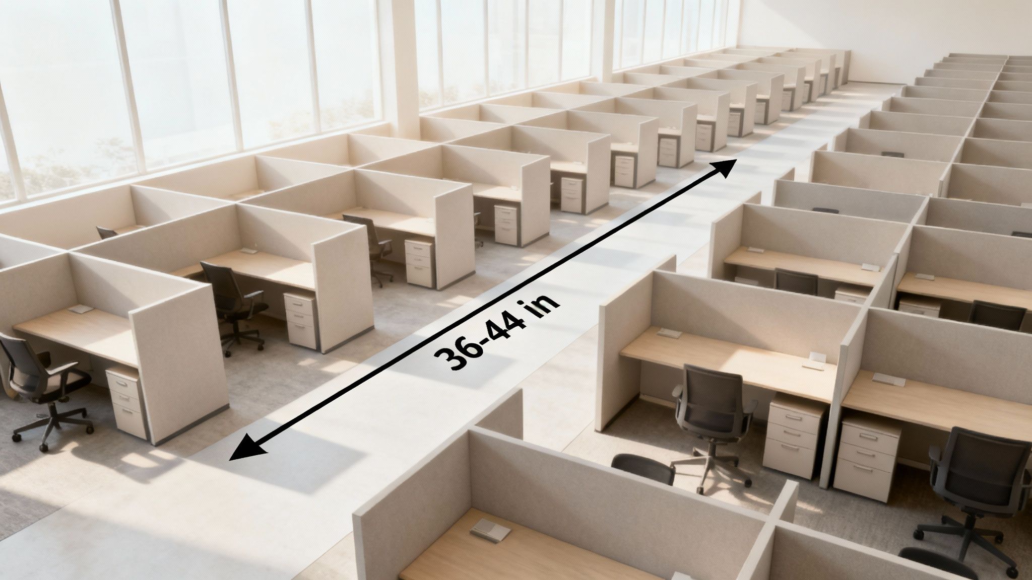 An aerial view of a modern office with rows of cubicles and a central aisle measuring 36-44 inches.