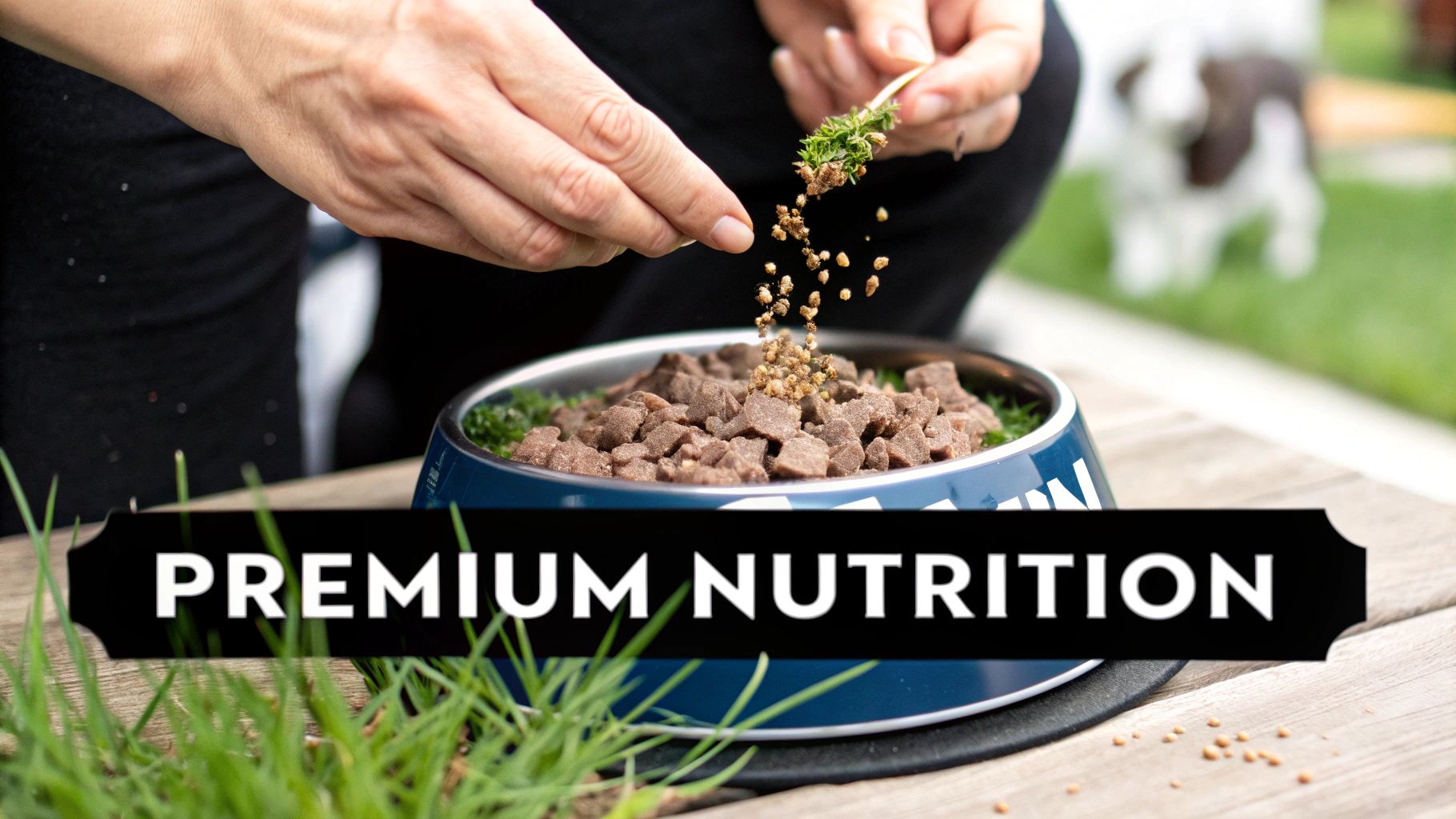 Close-up of a bowl of kibble being enhanced with a nutritious grass-fed beef topper.