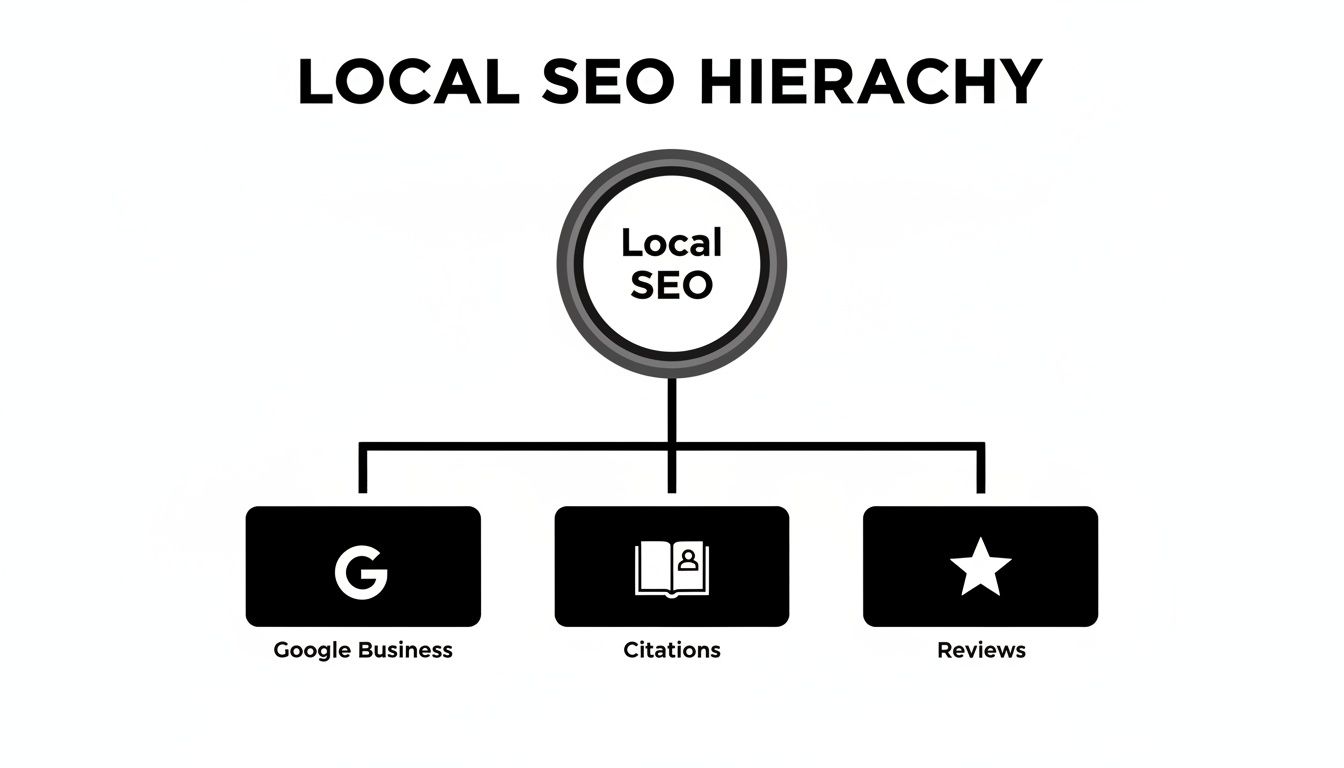 Diagram illustrating the hierarchy of Local SEO, showing Google Business, Citations, and Reviews as key elements for local seo services for chiropractic clinics.