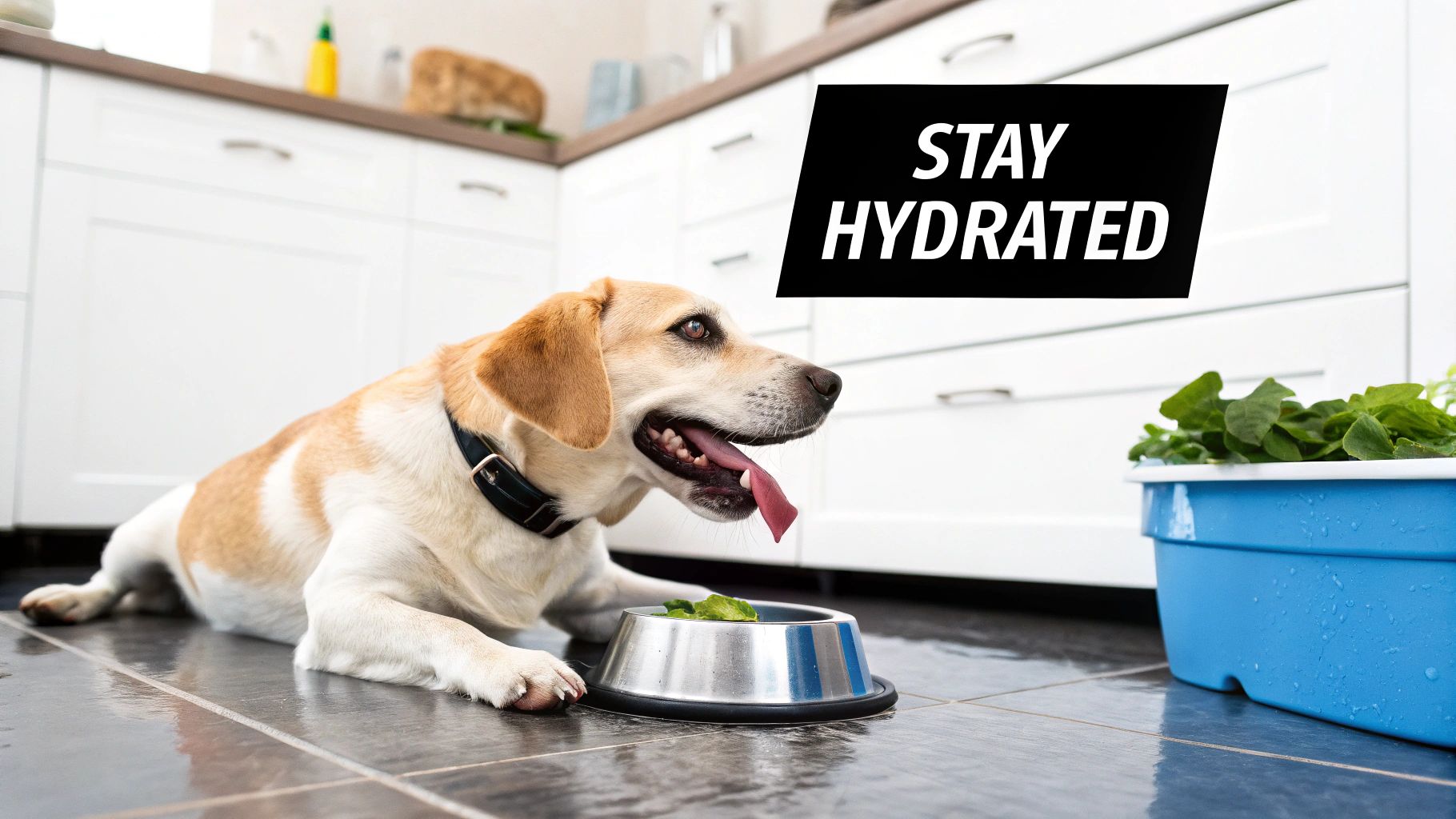 A happy golden retriever drinking water from a blue bowl outdoors.