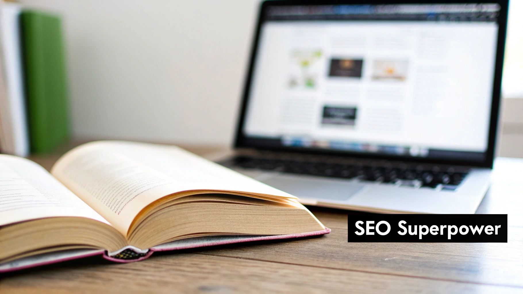 Open book and laptop on a wooden desk, emphasizing SEO learning and digital knowledge. Alt Text: What is structured data in SEO for learning.