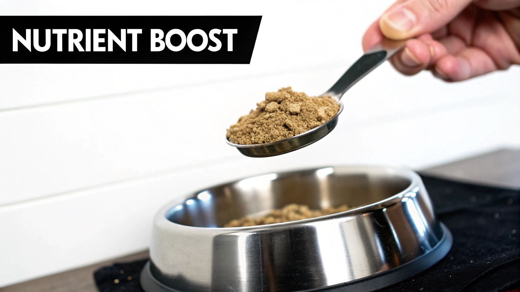 A happy dog enthusiastically eating from a bowl enhanced with a dehydrated dog food topper.