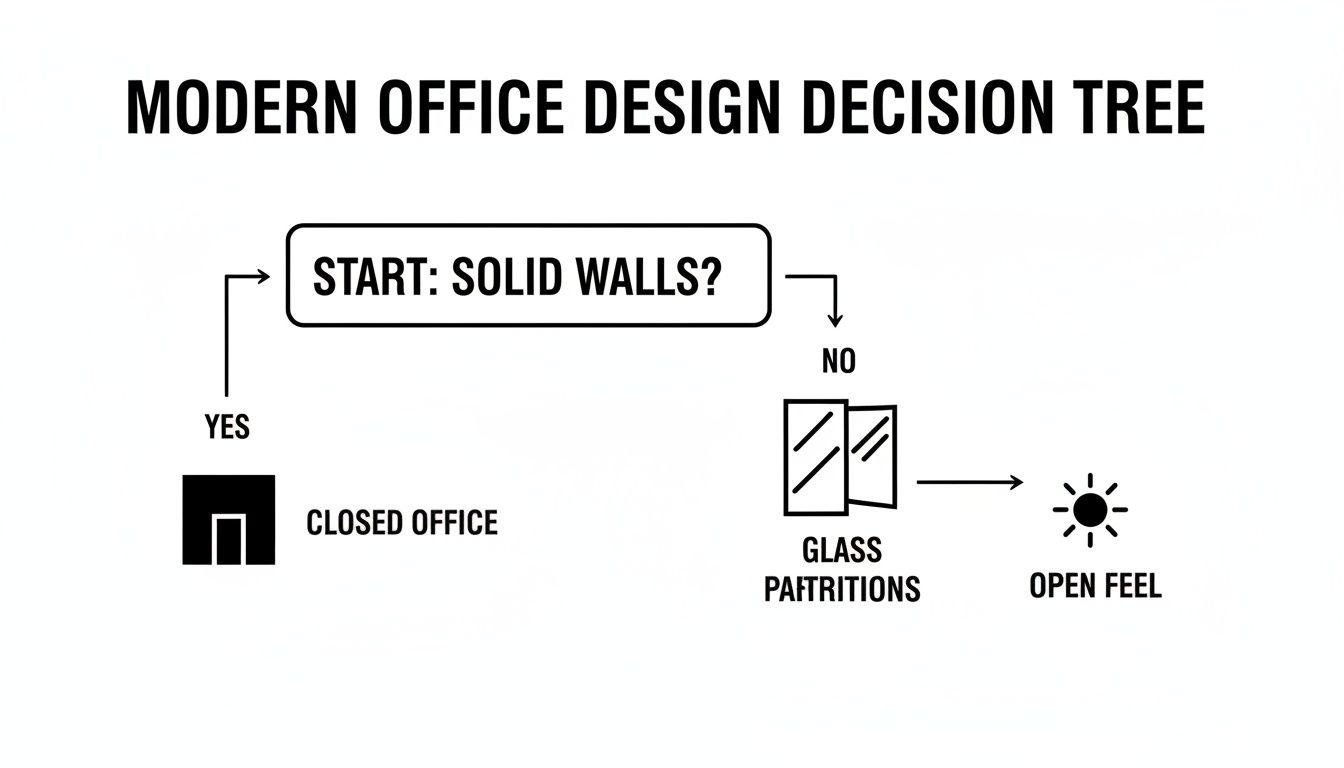 A decision tree showing how solid walls lead to closed offices, while glass partition walls for offices create an open and modern feel.