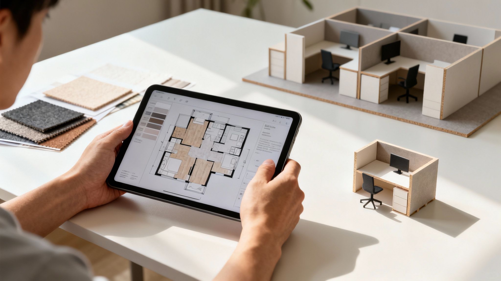 Person holds a tablet showing a floor plan, surrounded by fabric samples and miniature modular office models.