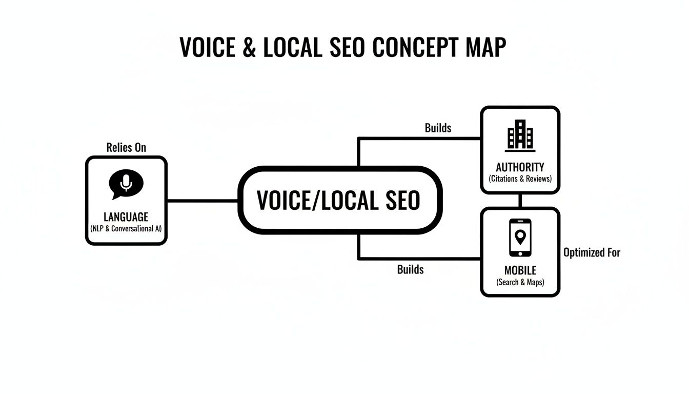 Concept map showing how voice and 'near me' queries rely on language, local authority, and mobile optimization.