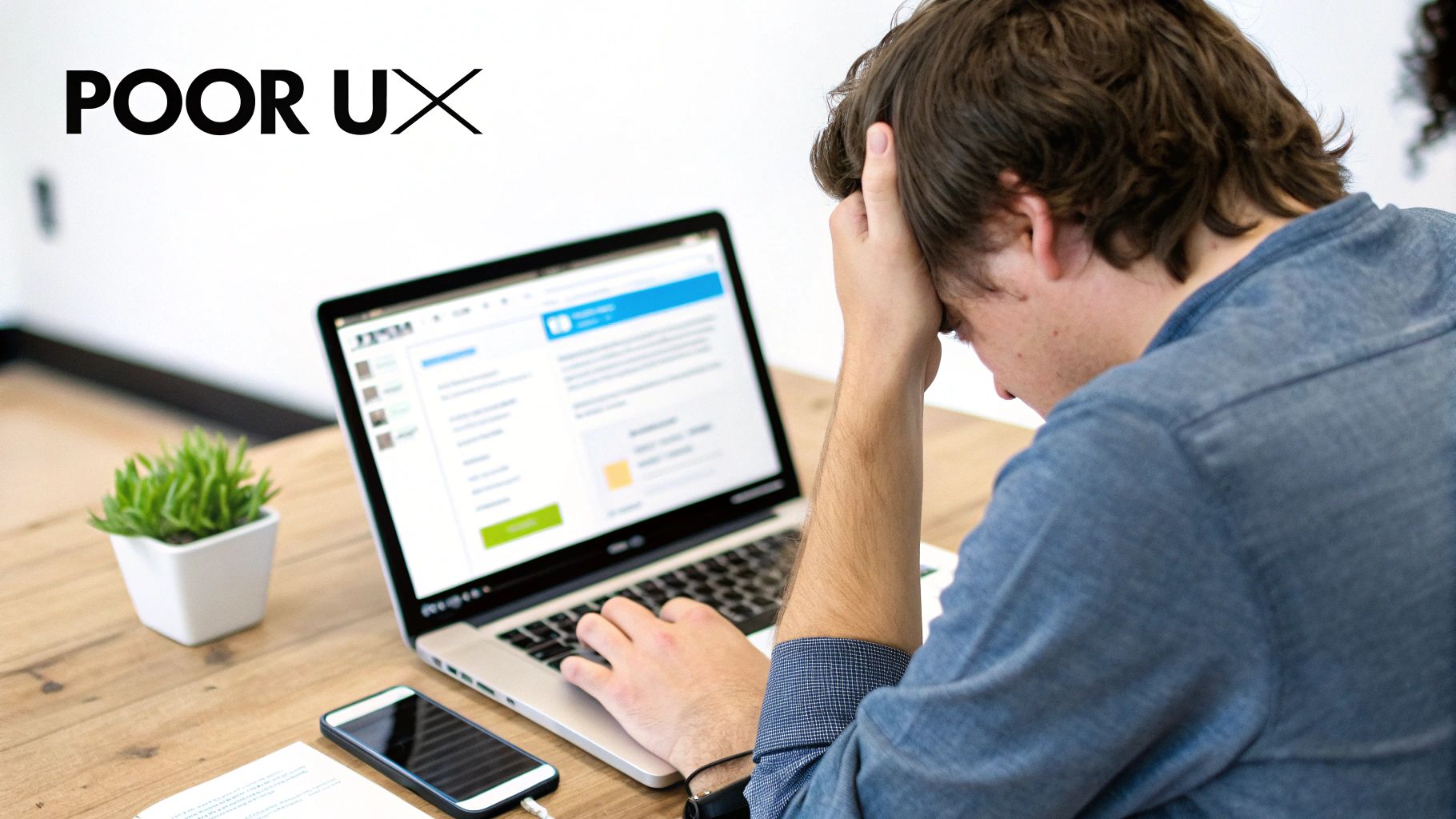 A frustrated person working on a laptop with 'POOR UX' text, a common SEO mistake to avoid in web design.