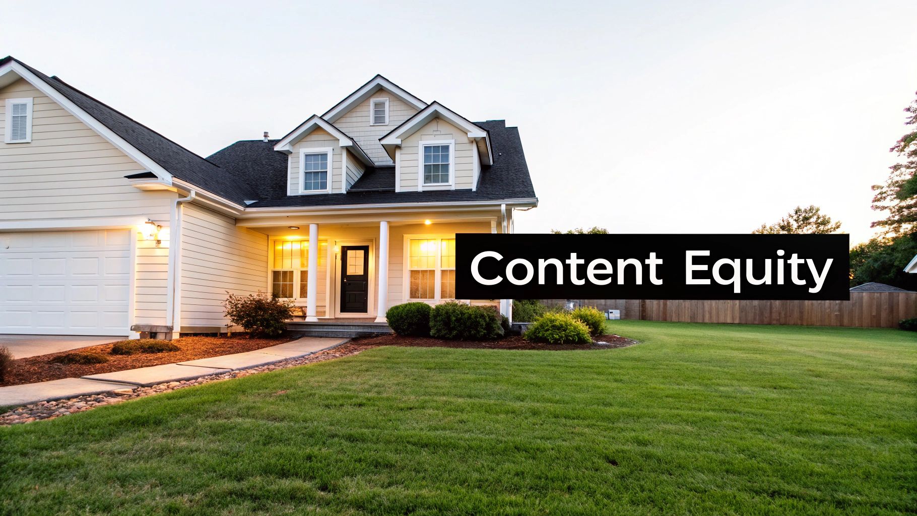 Warmly lit house with a lush green lawn and 'Content Equity' text overlay on a black box, illustrating the ROI of content marketing.