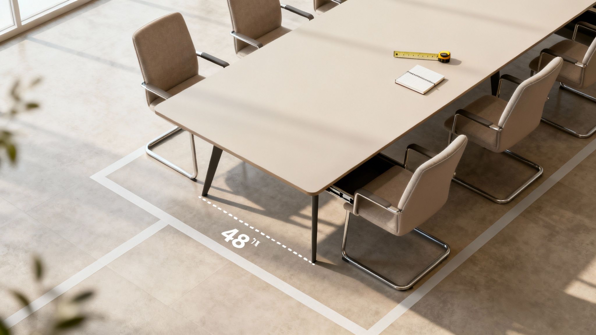 A modern conference room setup with measuring tape and floor markings to show proper clearance dimensions.