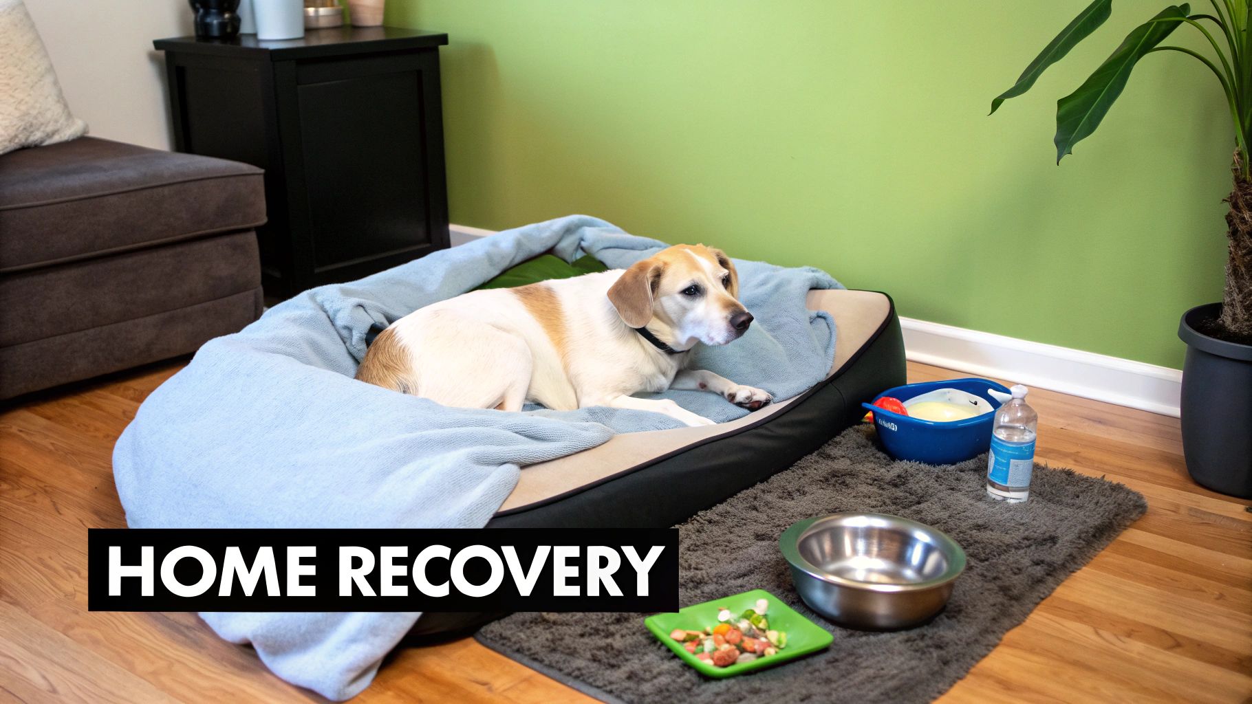 A happy dog rests comfortably in its bed with food and water nearby, recovering at home.