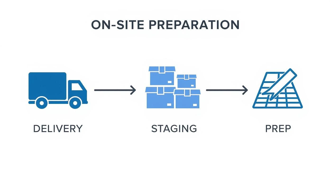 Infographic detailing the three steps for a successful build day: delivery, staging, and site preparation.