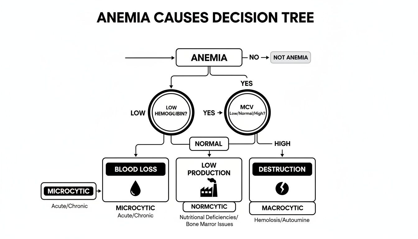 Anemia causes decision tree flowchart diagnosing different types of anemia based on hemoglobin and MCV levels.