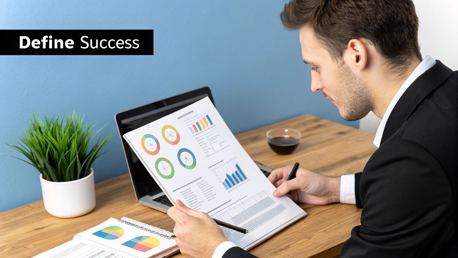 A business professional analyzes marketing data and charts on a screen, part of how to choose a digital marketing agency.