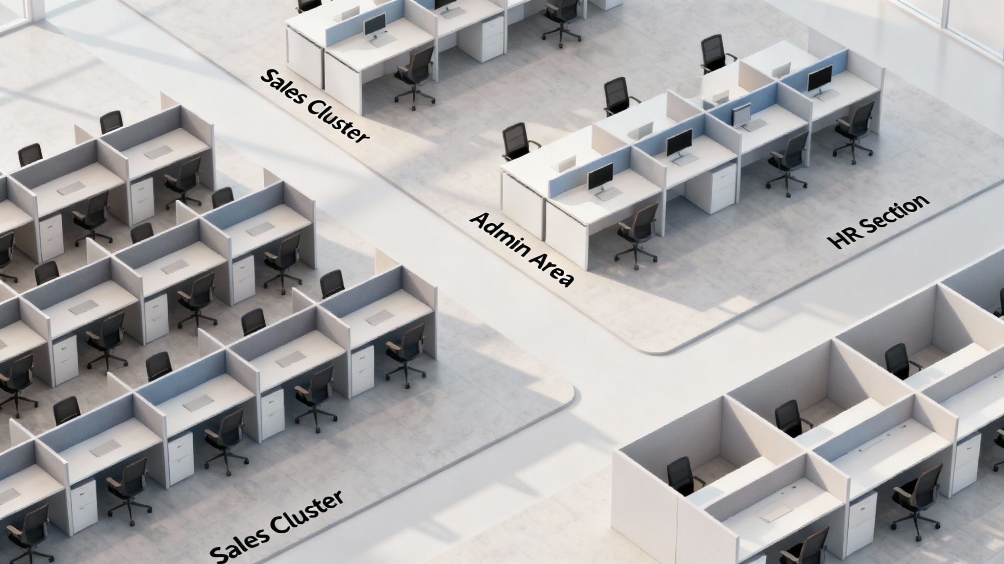 An aerial view showing a modern office layout by Cubicle By Design with different sized cubicles for Sales, Admin, and HR departments.