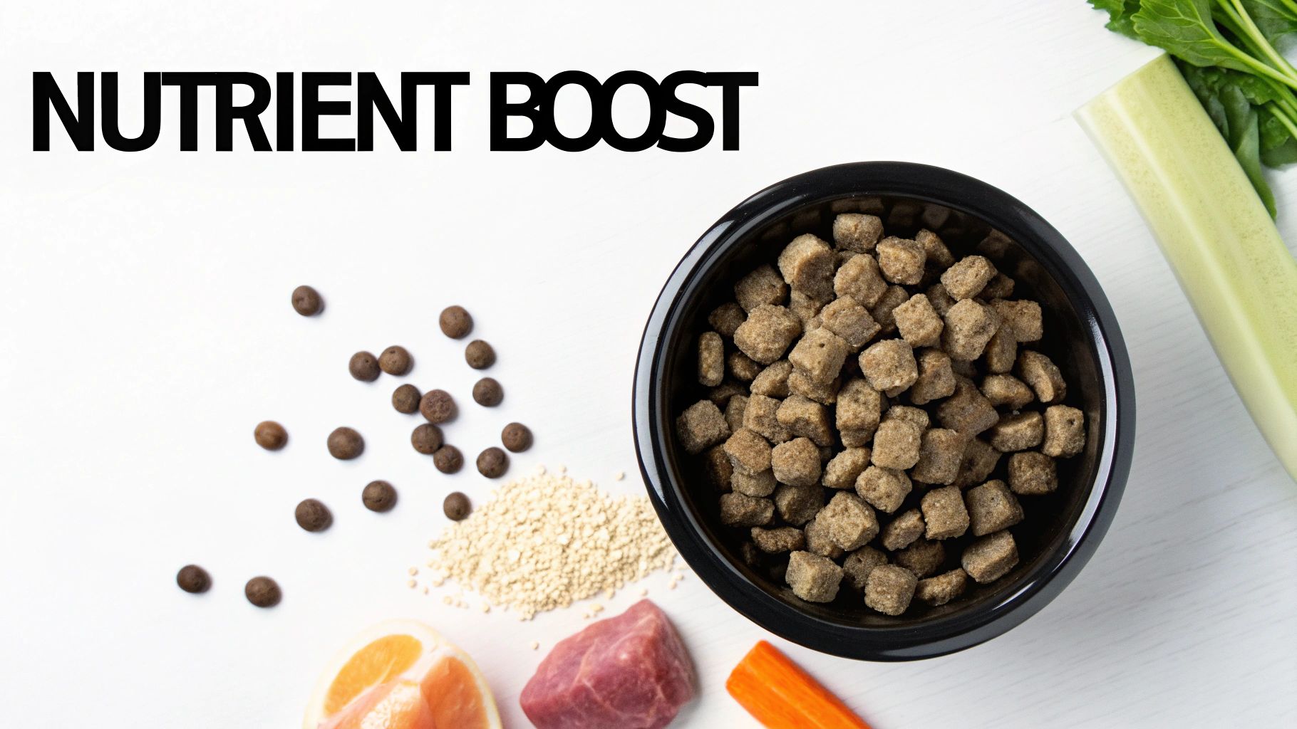 A black bowl of dry pet food surrounded by fresh ingredients like meat, carrot, orange, and greens.
