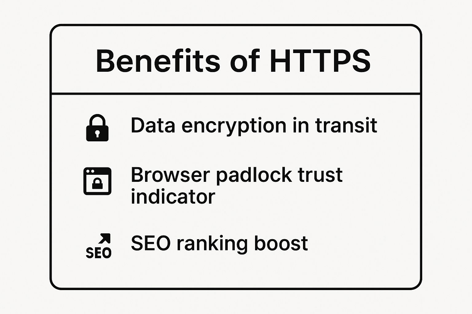 Infographic showing the key benefits of HTTPS for website security: data encryption, browser trust, and SEO boost.