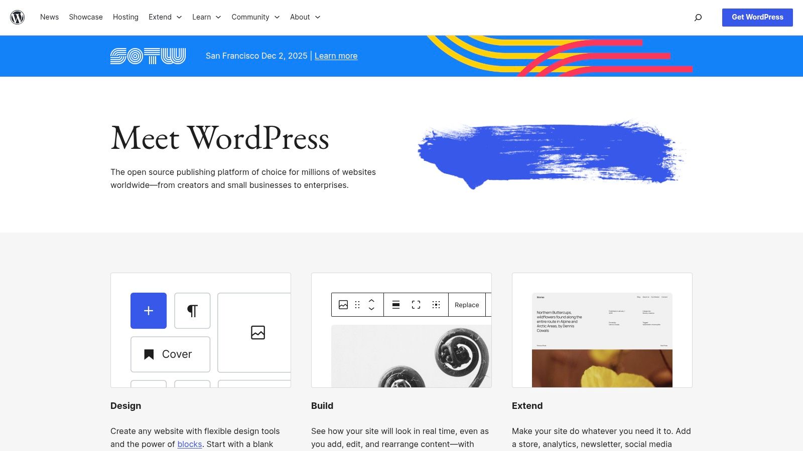 A screenshot of the WordPress.org homepage, one of the best cms for small business