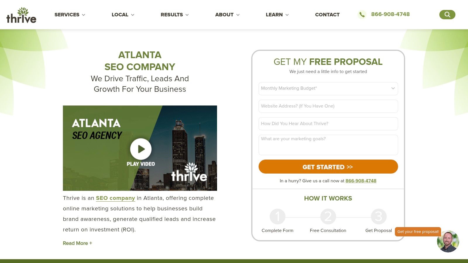 A screenshot of the Thrive Agency website showing the "Get My FREE SEO Proposal" form for their Atlanta GA SEO services.
