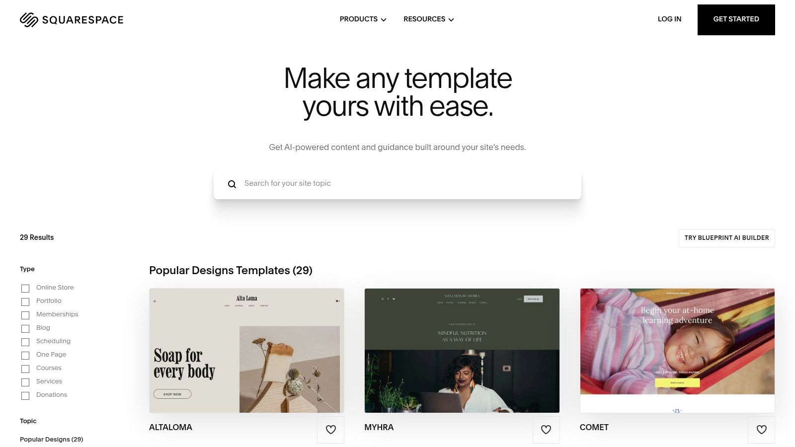 A user browsing the minimalist and modern business website examples on the Squarespace Templates page.