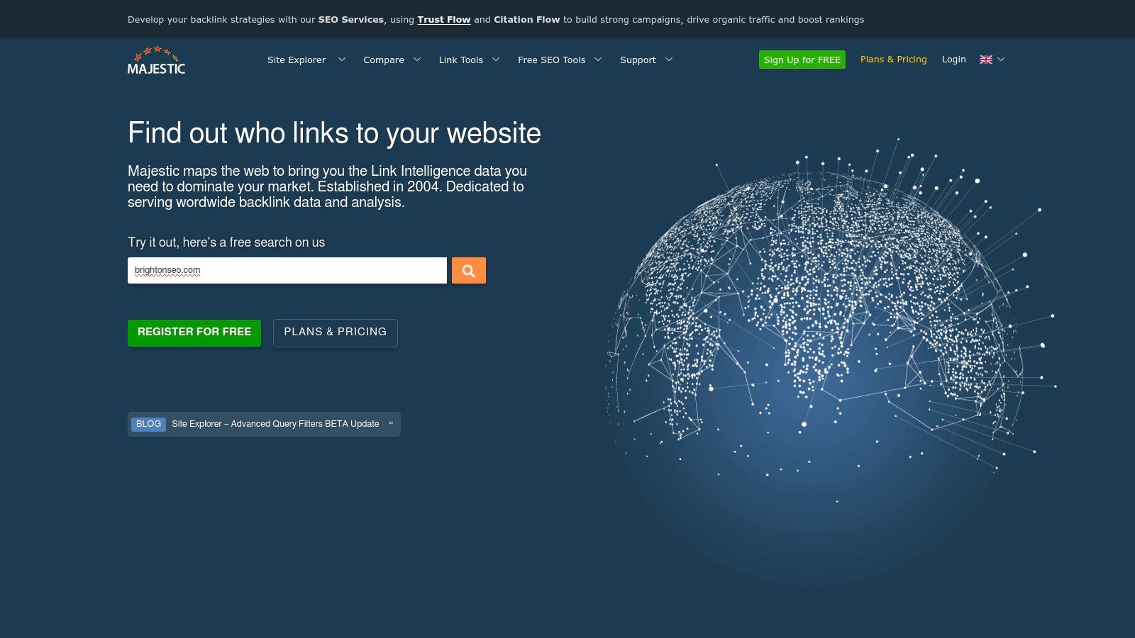 Majestic's dashboard highlights key link building metrics like Trust Flow and Topical Trust Flow.