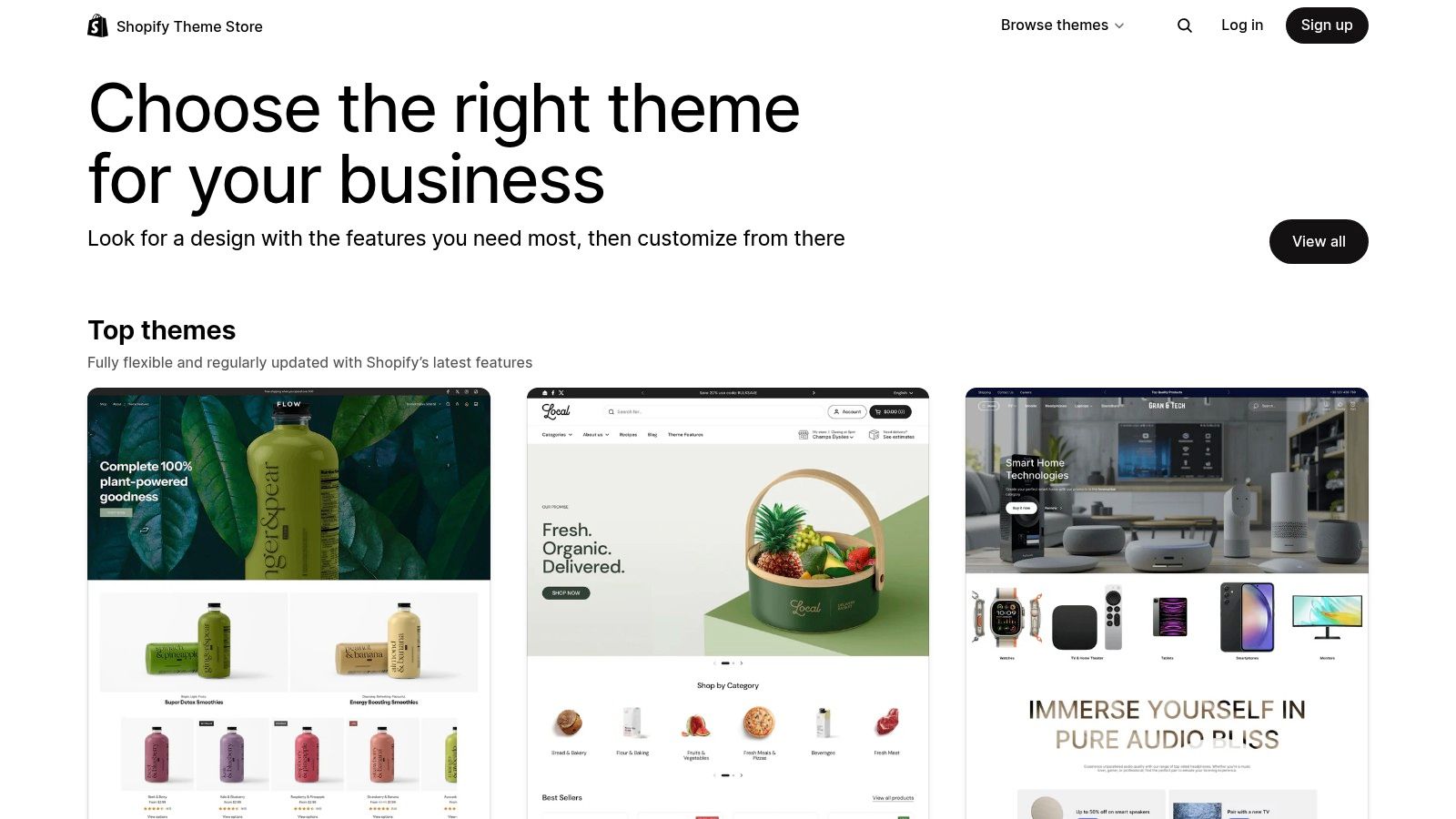 A user browsing various e-commerce website examples on the Shopify Theme Store.