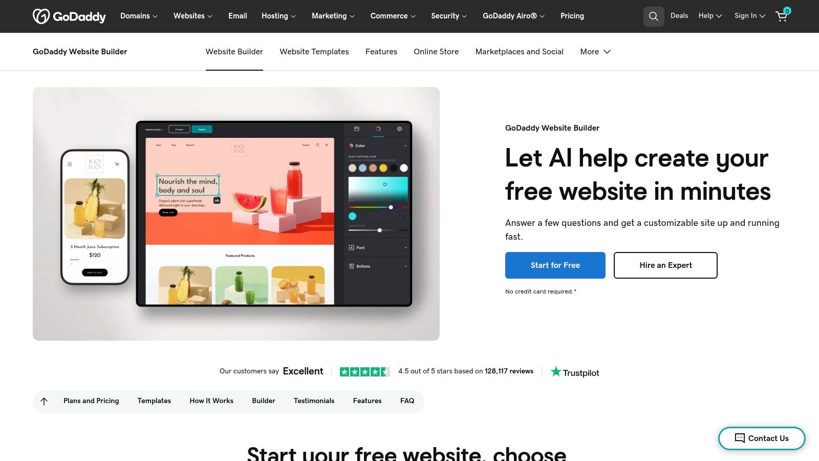 A screenshot of the GoDaddy Websites + Marketing homepage, one of the best cms options for a small business needing a quick setup