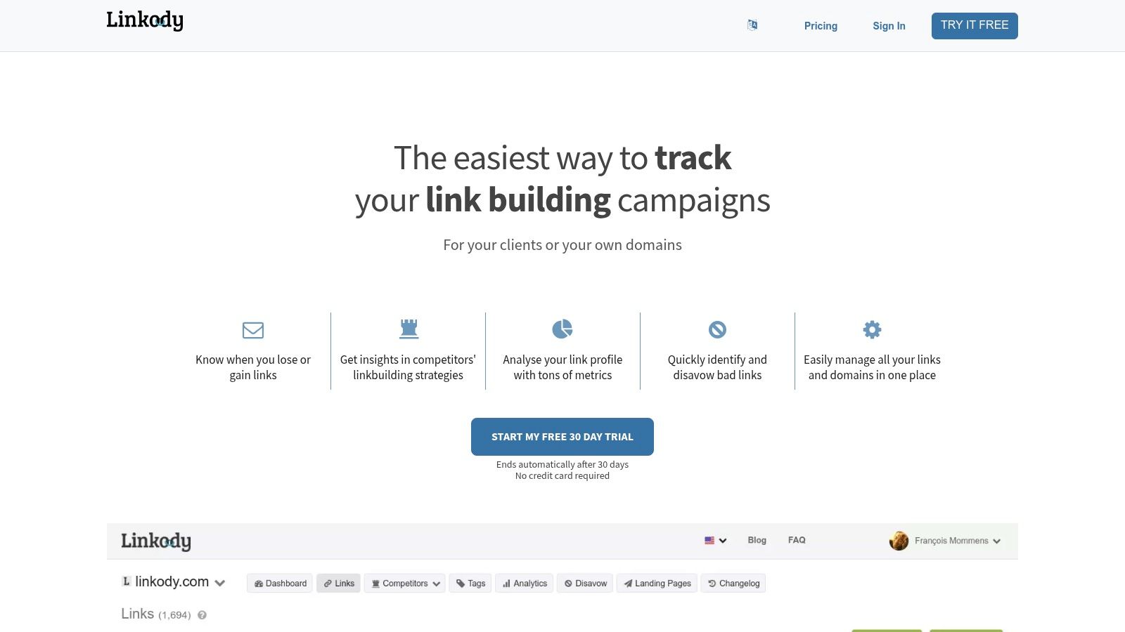 Linkody's dashboard provides a clear overview of backlink monitoring for link building.