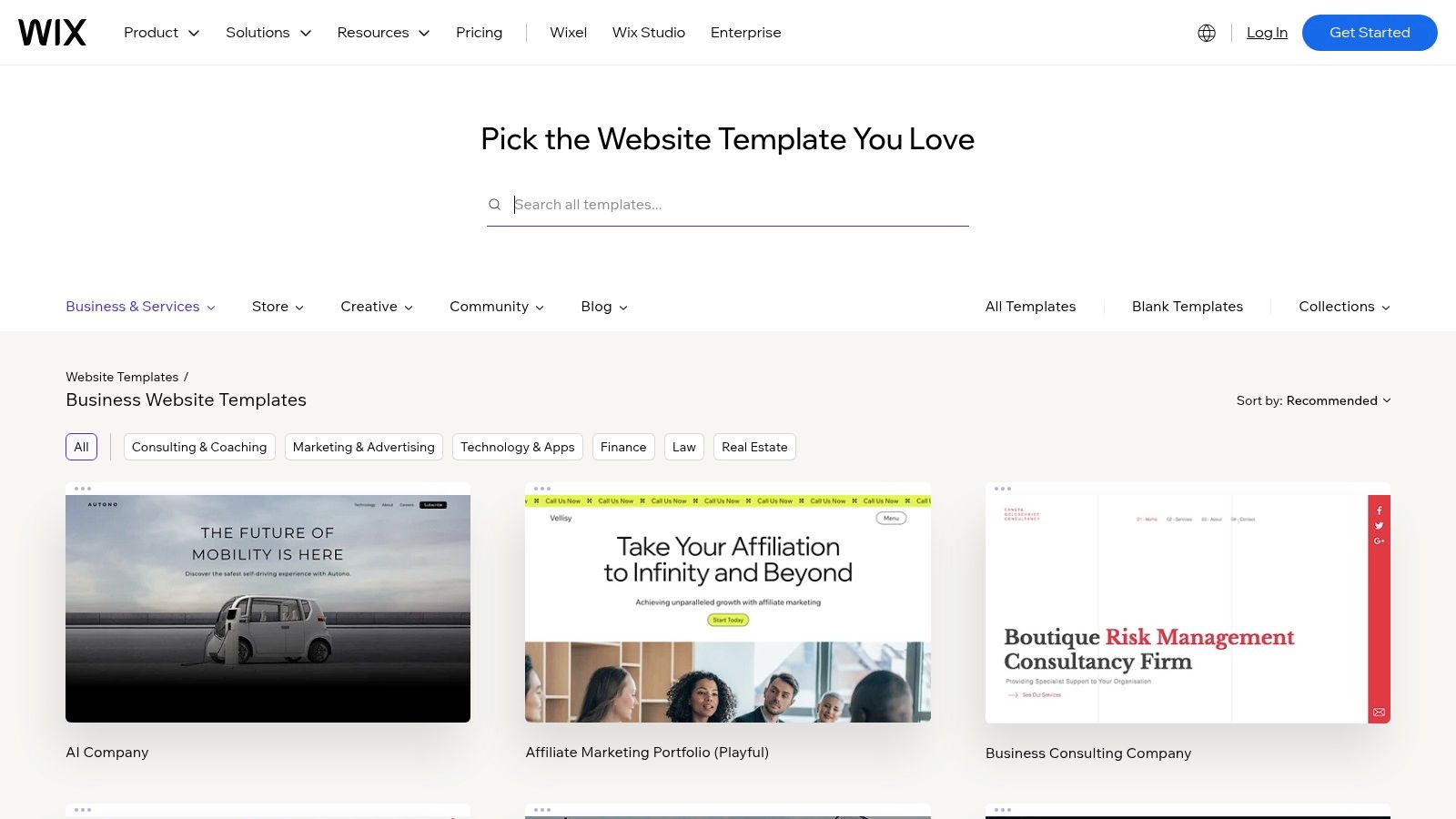 A user browsing the library of Wix business website examples.