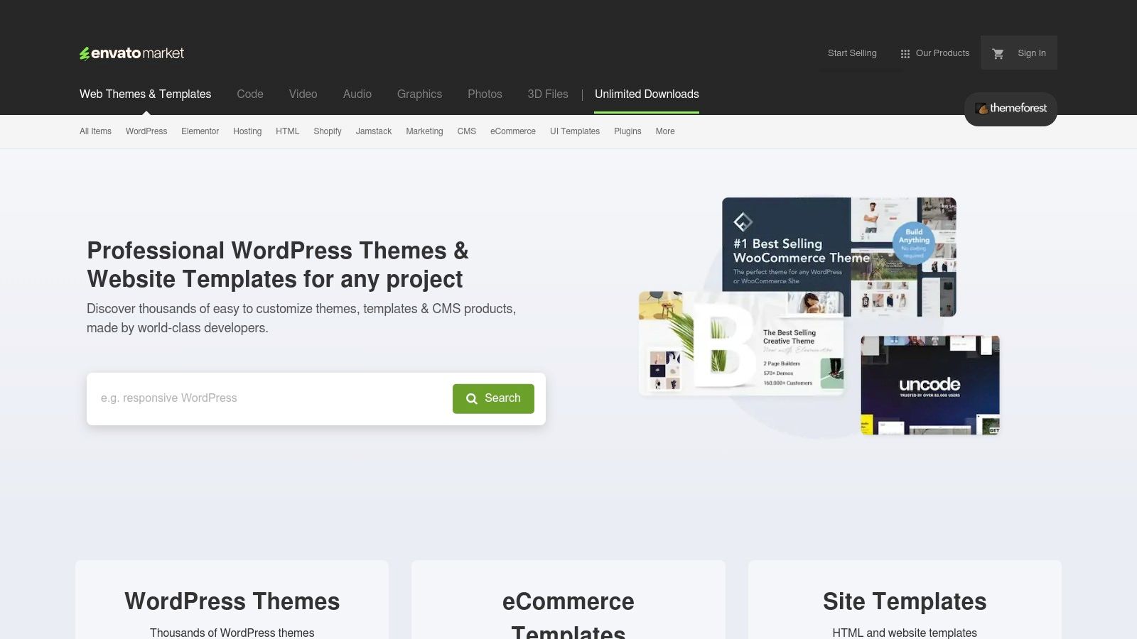 A user browsing business website examples on the ThemeForest marketplace homepage.