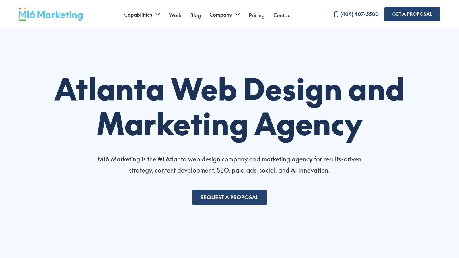 M16 Marketing website homepage showing their focus as an Atlanta Web Design & SEO Company.