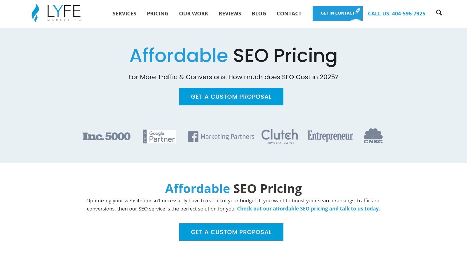 A screenshot of the LYFE Marketing website showing their tiered Atlanta SEO pricing packages.