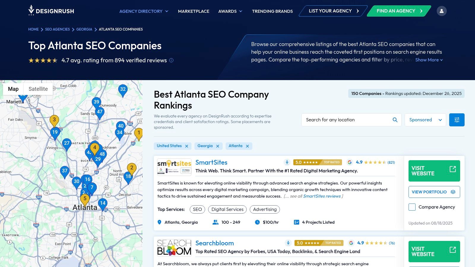 A screenshot of the DesignRush website featuring top Atlanta SEO companies with options to filter by budget and team size.