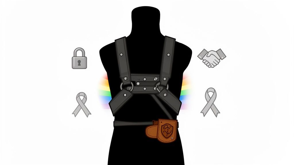 A black mannequin wears a leather chest harness and belt with a pouch, surrounded by rainbow colors and symbolic icons.