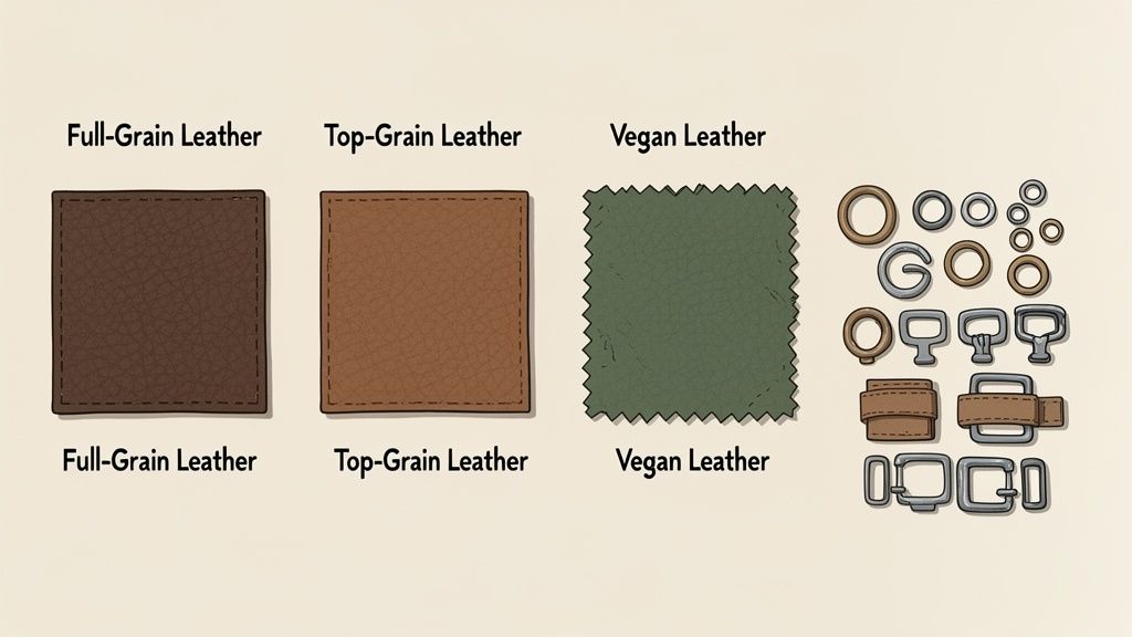 Samples of full-grain, top-grain, and vegan leather with various metal hardware components.