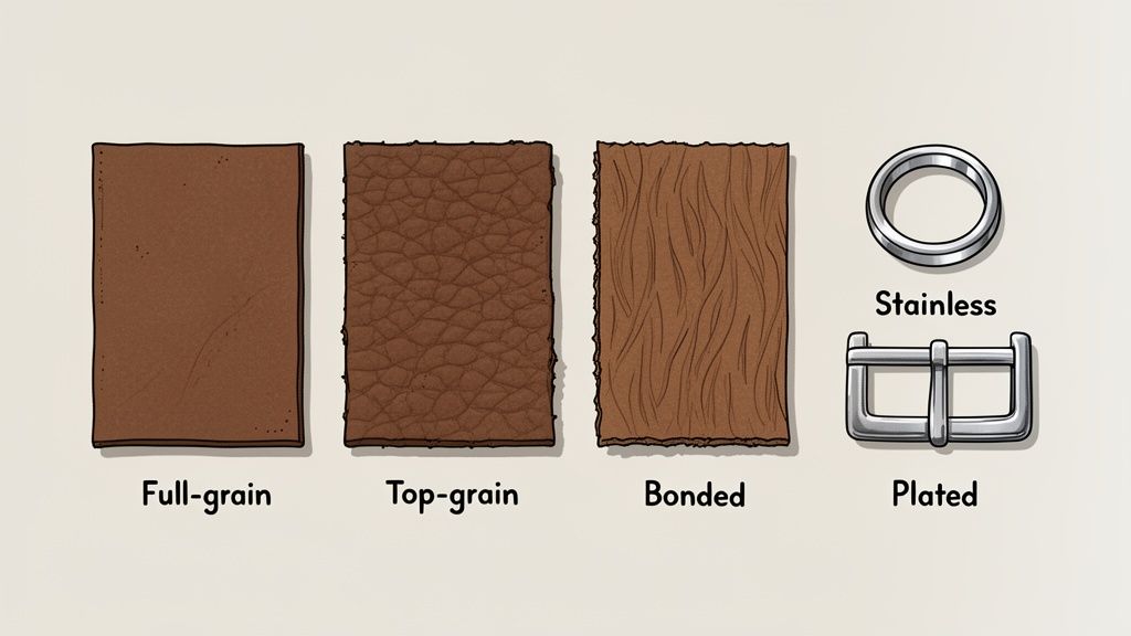 An illustration comparing different types of leather including full-grain, top-grain, and bonded, alongside stainless and plated metal hardware.