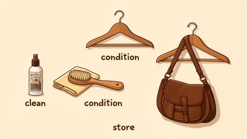 Illustration of leather care items: cleaner, brush, cloth, and hangers for a brown handbag.