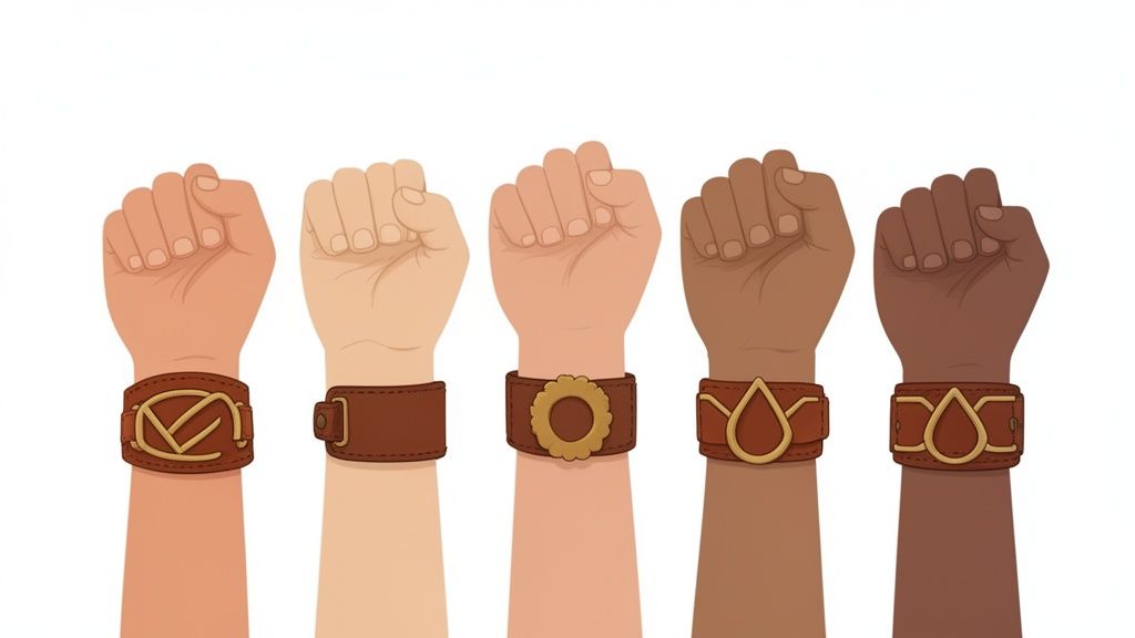 Five diverse hands in fists, wearing unique brown leather armbands with golden emblems.