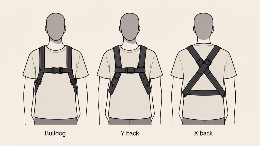Illustration of three harness styles worn on a torso: Bulldog (front), Y back (front), and X back (rear).