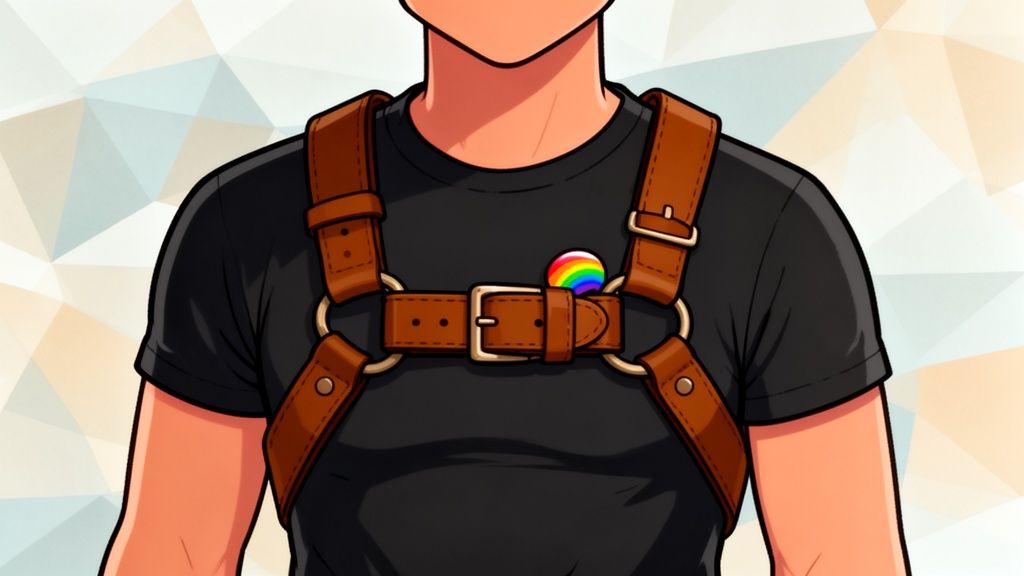 A cartoon person wears a black t-shirt and a brown leather chest harness with a rainbow pin.