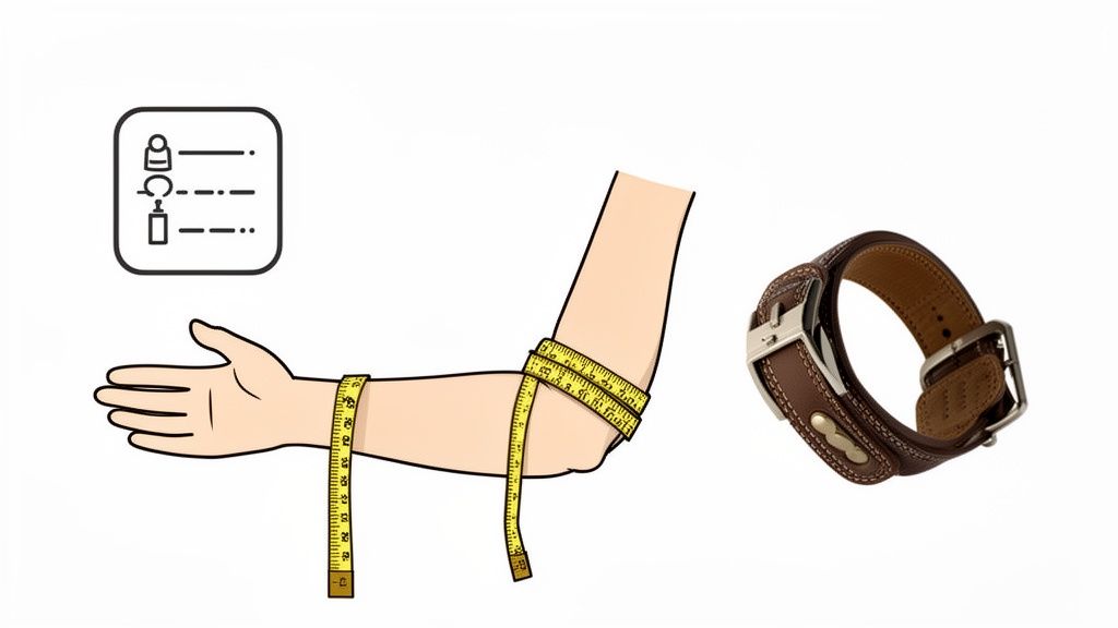A cartoon arm is being measured with a yellow tape measure at the wrist and forearm for a brown leather arm band.