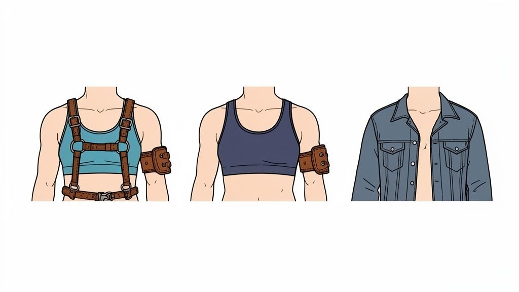 Three illustrations show different upper body outfits: one with a leather harness, another with a leather armband, and a third with an open denim jacket.