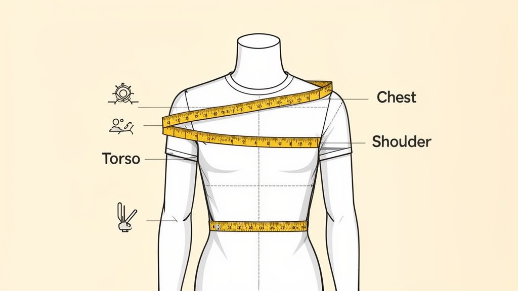 A diagram showing how to measure chest, shoulder, and torso on a mannequin with a tape measure.