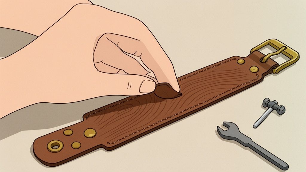 A hand works on a brown leather strap with a buckle, alongside crafting tools.