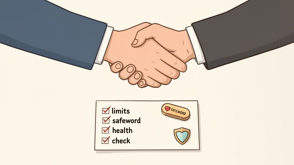Two hands shake above a checklist with 'limits', 'safeword', 'health', 'check' marked.